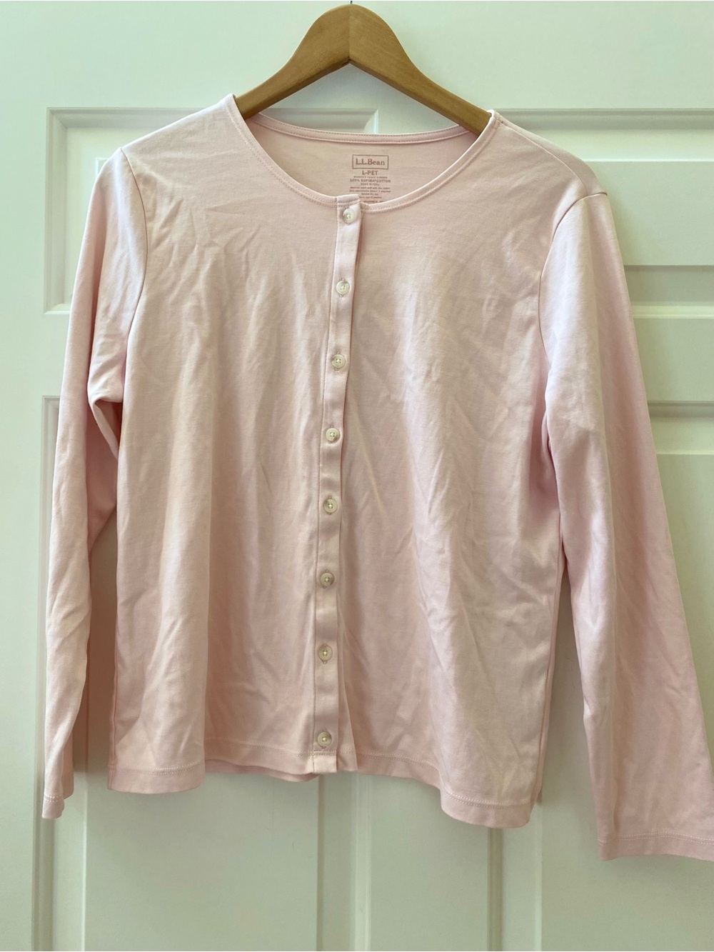 LL Bean Cardigan Pink Button Sweater Large Petite 100% Cotton Supima